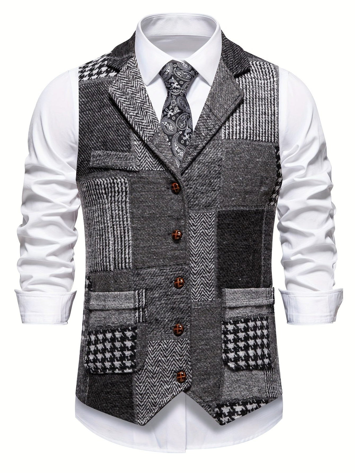 Herringbone Patchwork Tailored Waistcoat for Men - Grey