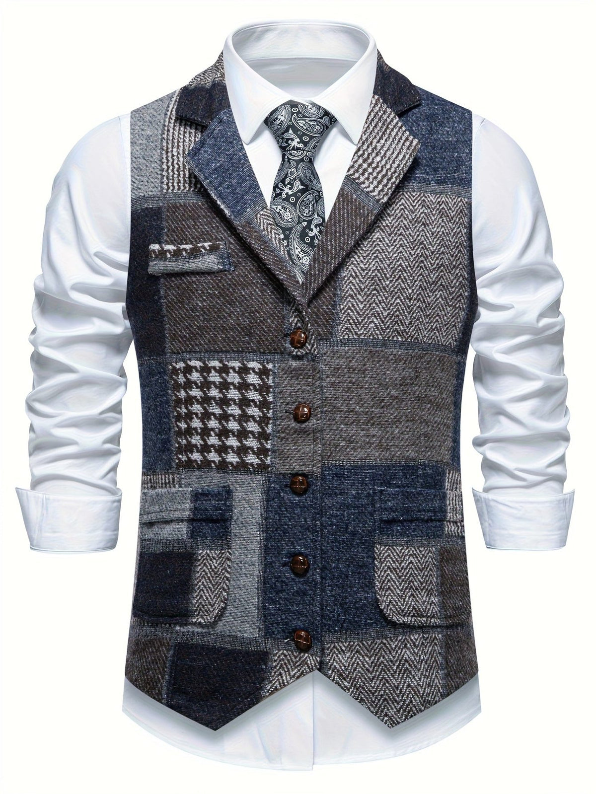 Herringbone Patchwork Tailored Waistcoat for Men - Blue