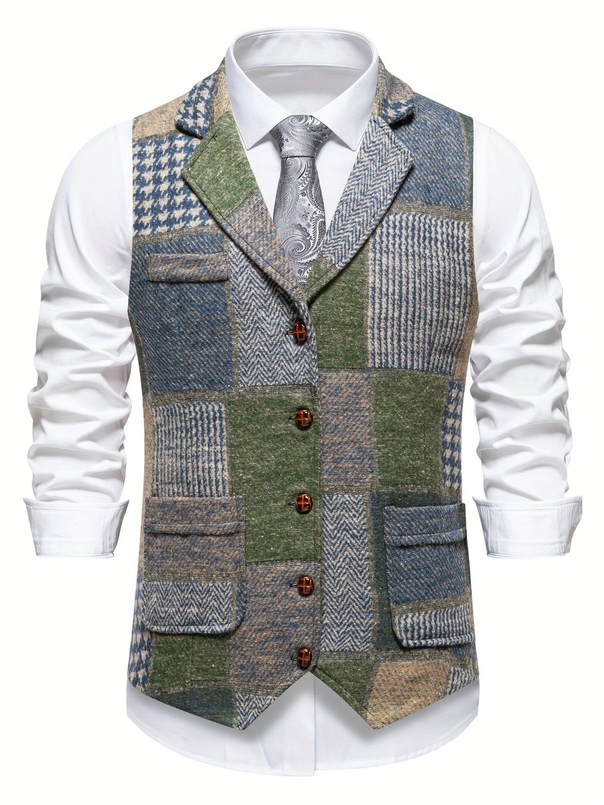 Herringbone Patchwork Tailored Waistcoat for Men - Green