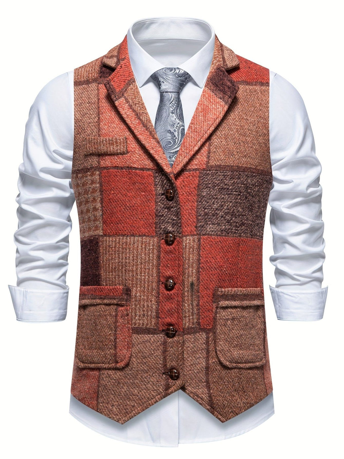 Herringbone Patchwork Tailored Waistcoat for Men - Orange