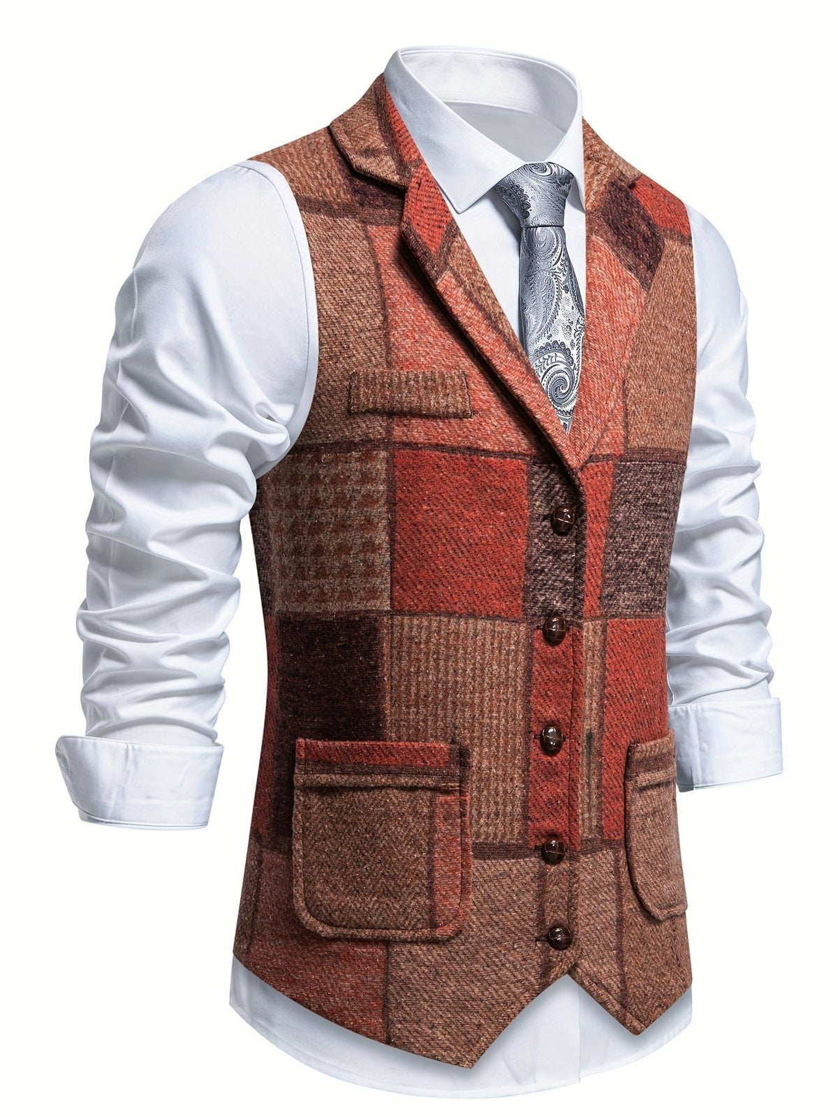Herringbone Patchwork Tailored Waistcoat for Men - View 6