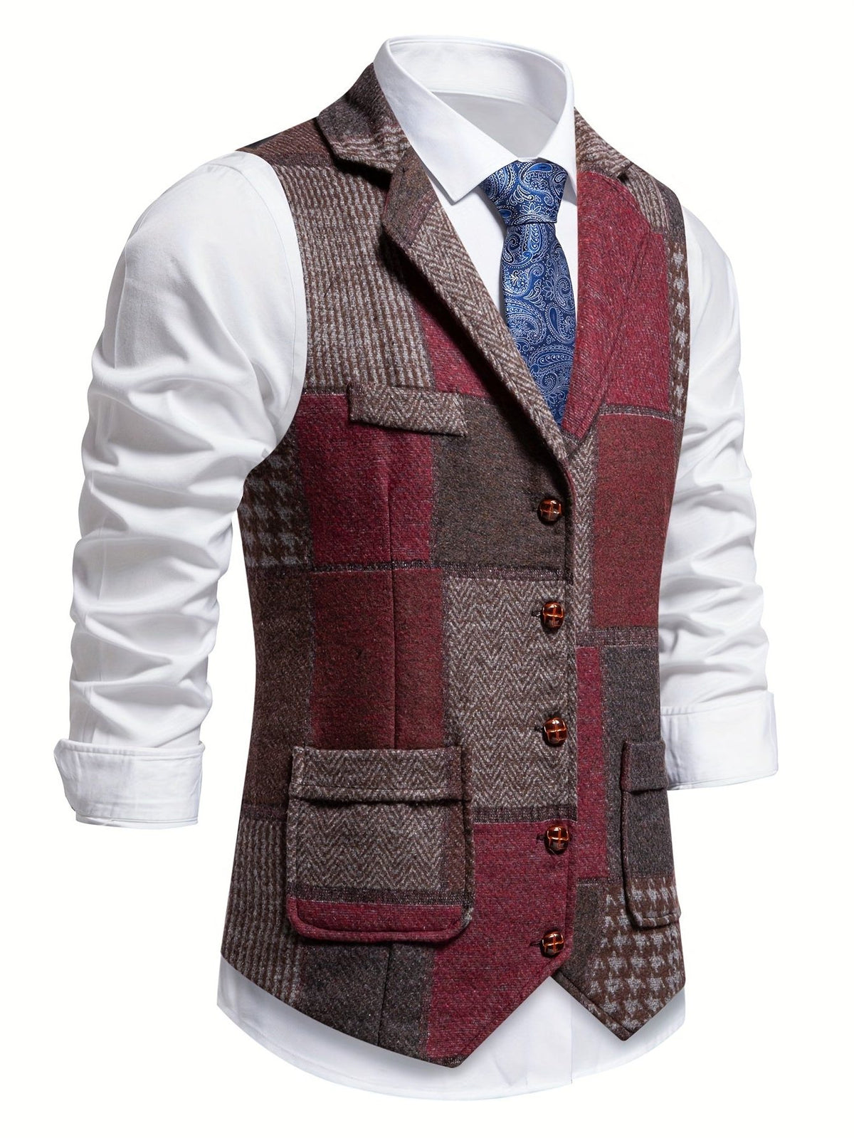 Herringbone Patchwork Tailored Waistcoat for Men - View 7