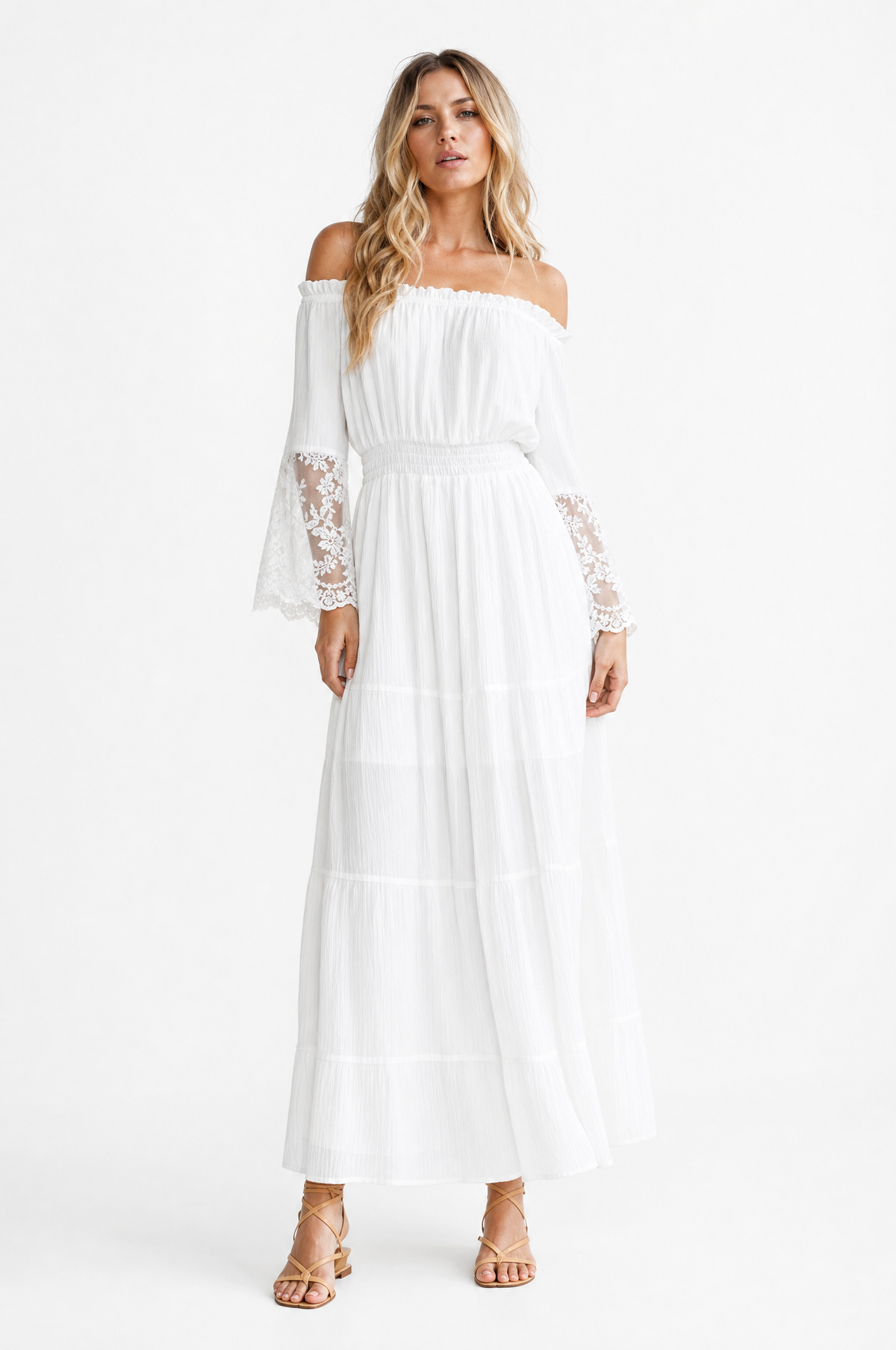 Ibiza Off-Shoulder Maxi Dress with Lace Sleeves for Women