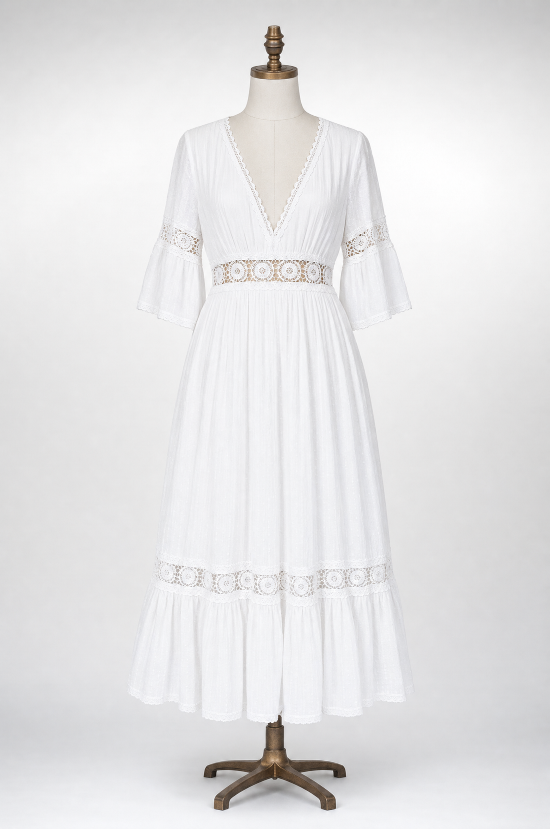 V-Neck Midi Ibiza Dress with Lace Trim for Women