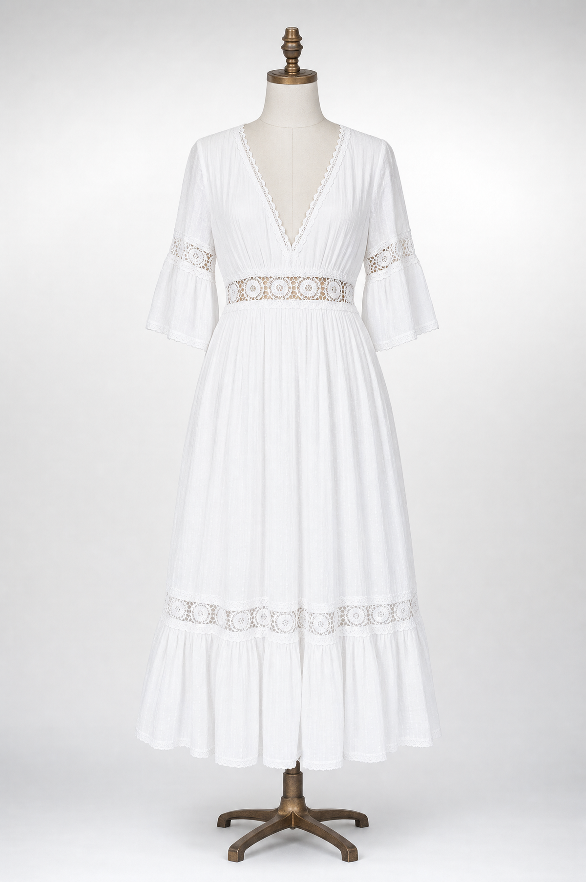Ibiza Midi Dress with V-Neck and Lace Trim for Women