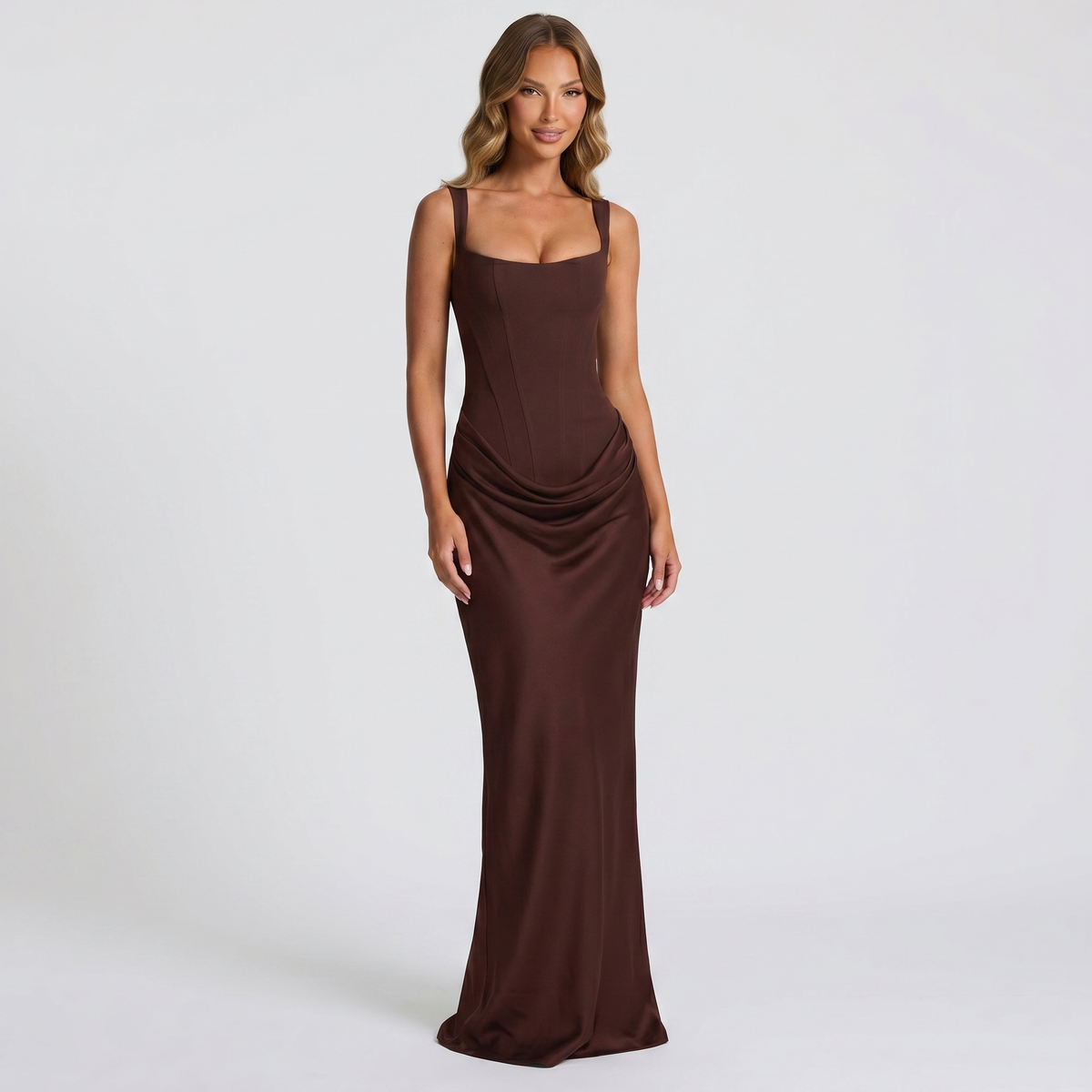 Scoop Neck Sleeveless Ruched Maxi Dress for Women - Brown