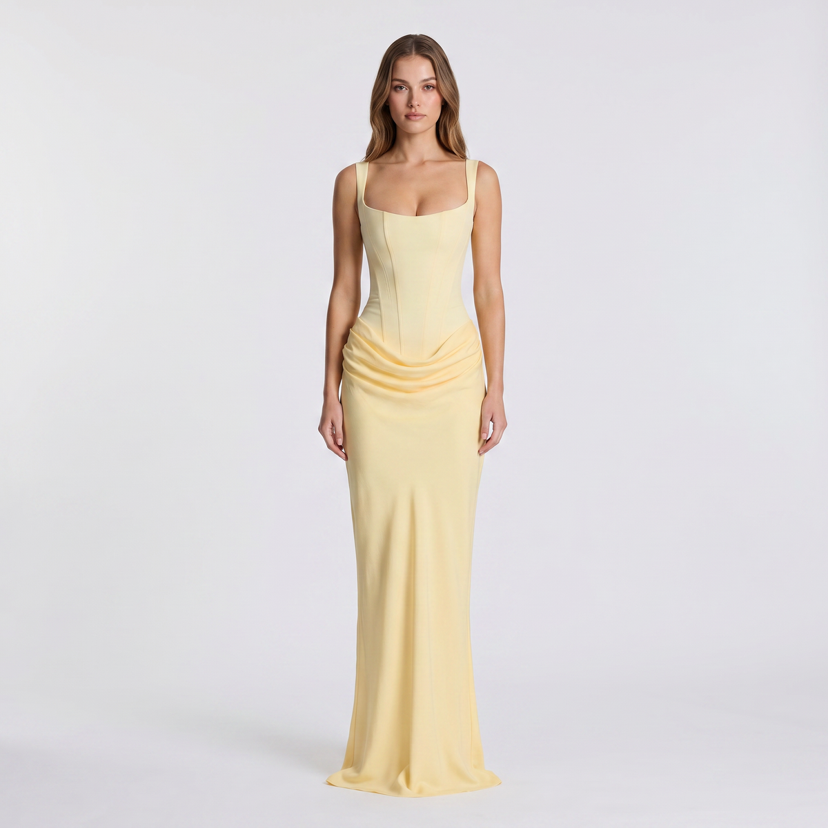 Scoop Neck Sleeveless Ruched Maxi Dress for Women - Yellow