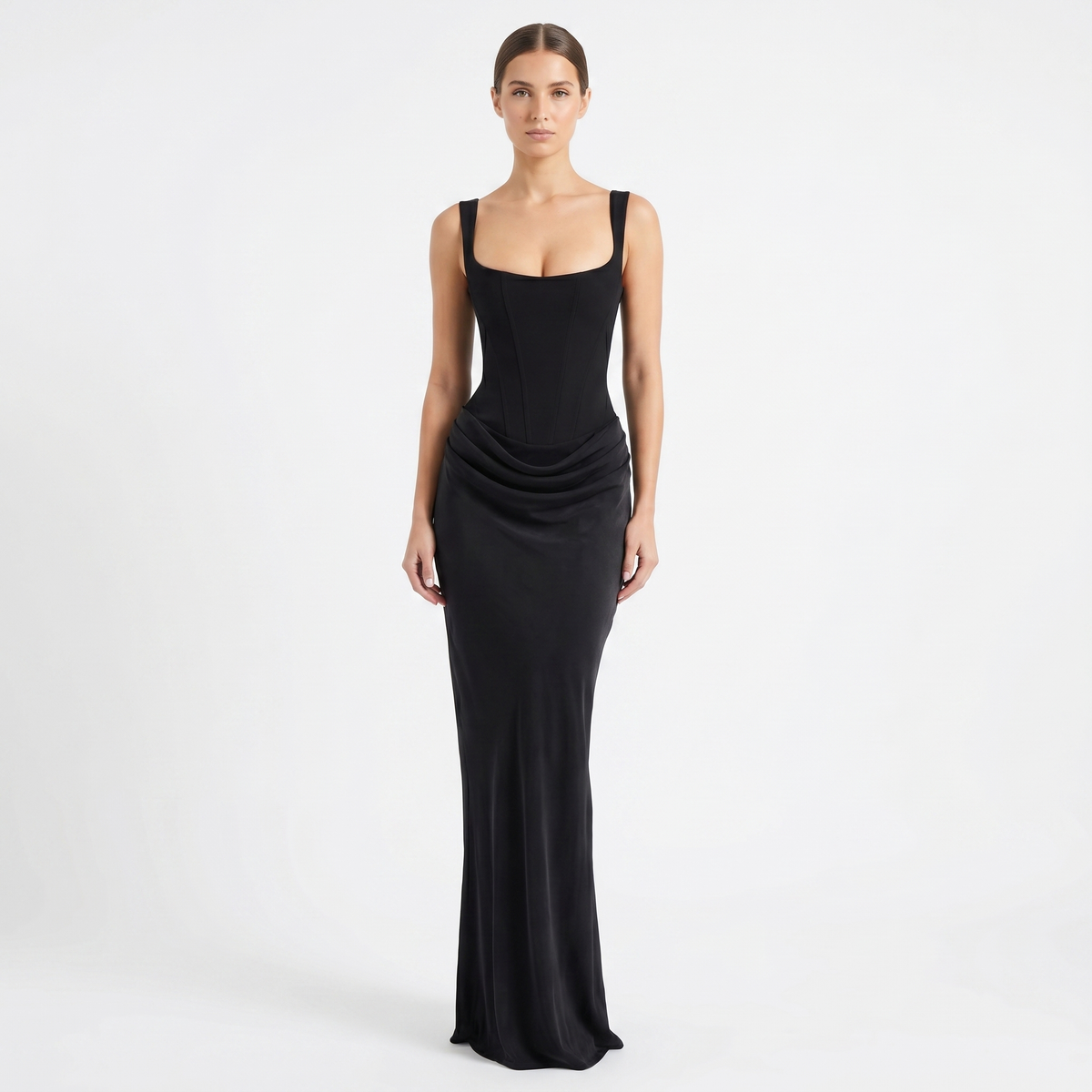 Scoop Neck Sleeveless Ruched Maxi Dress for Women - Black