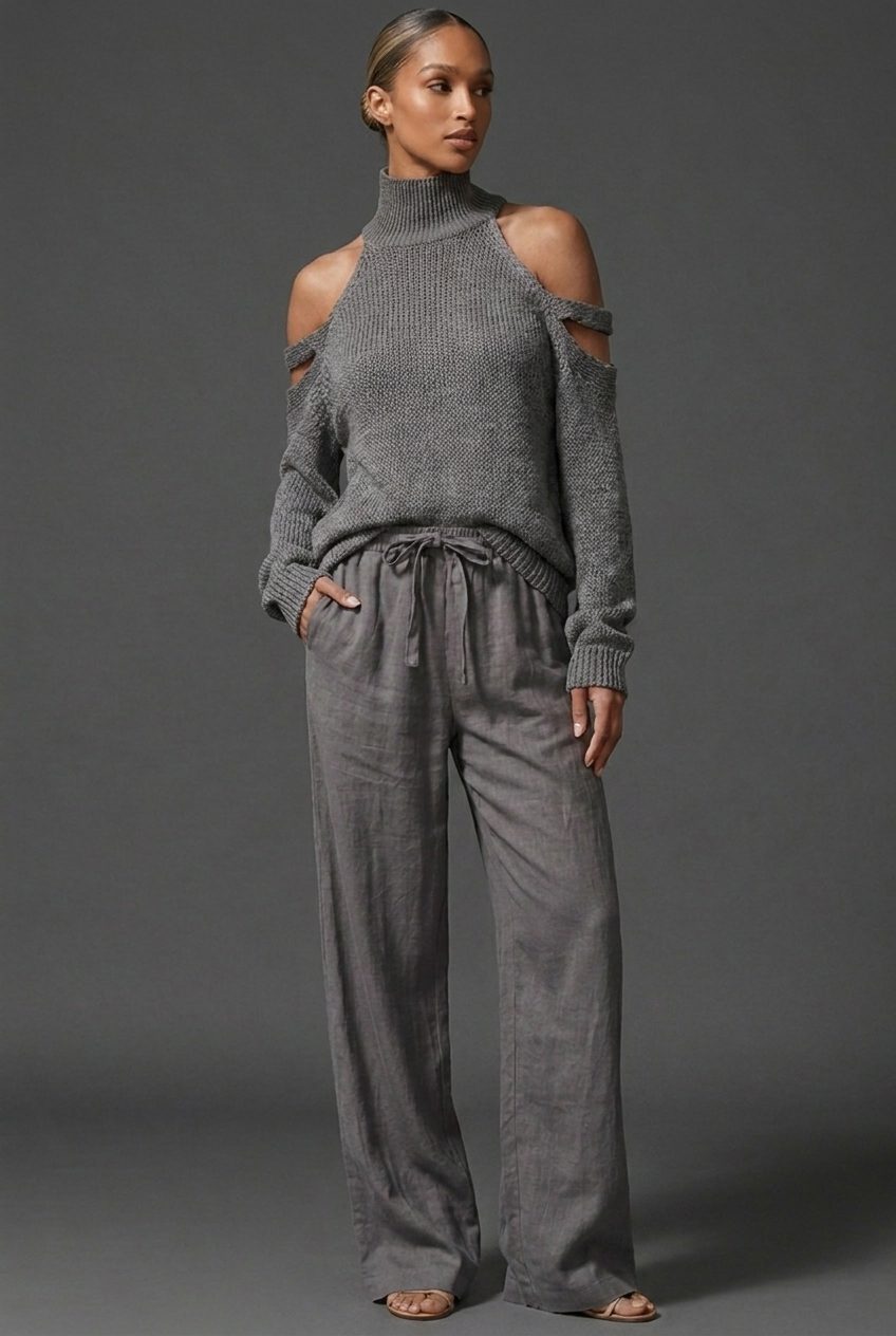 High Neck Wide Leg Knit Co-Ord Set for Women - Grey