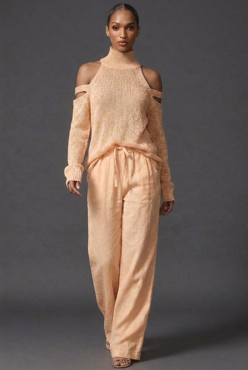 High Neck Wide Leg Knit Co-Ord Set for Women - Apricot