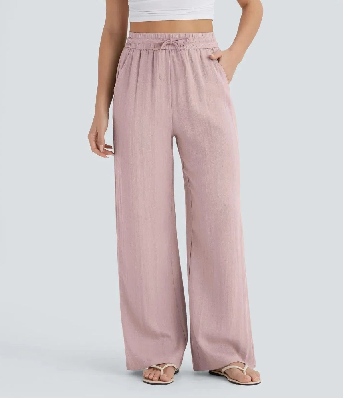 High-Rise Wide Leg Linen Trousers for Women - Rose