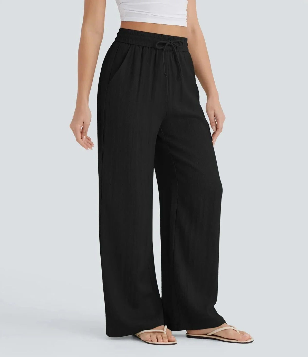 High-Rise Wide Leg Linen Trousers for Women - Black