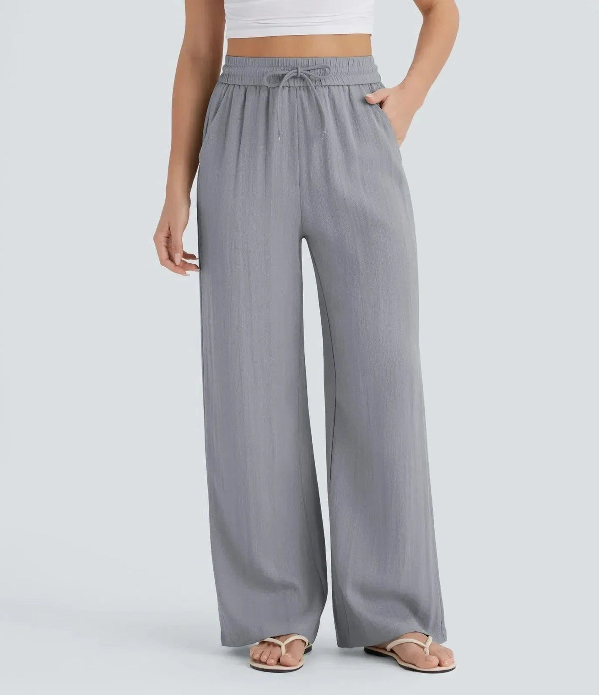 High-Rise Wide Leg Linen Trousers for Women - Grey