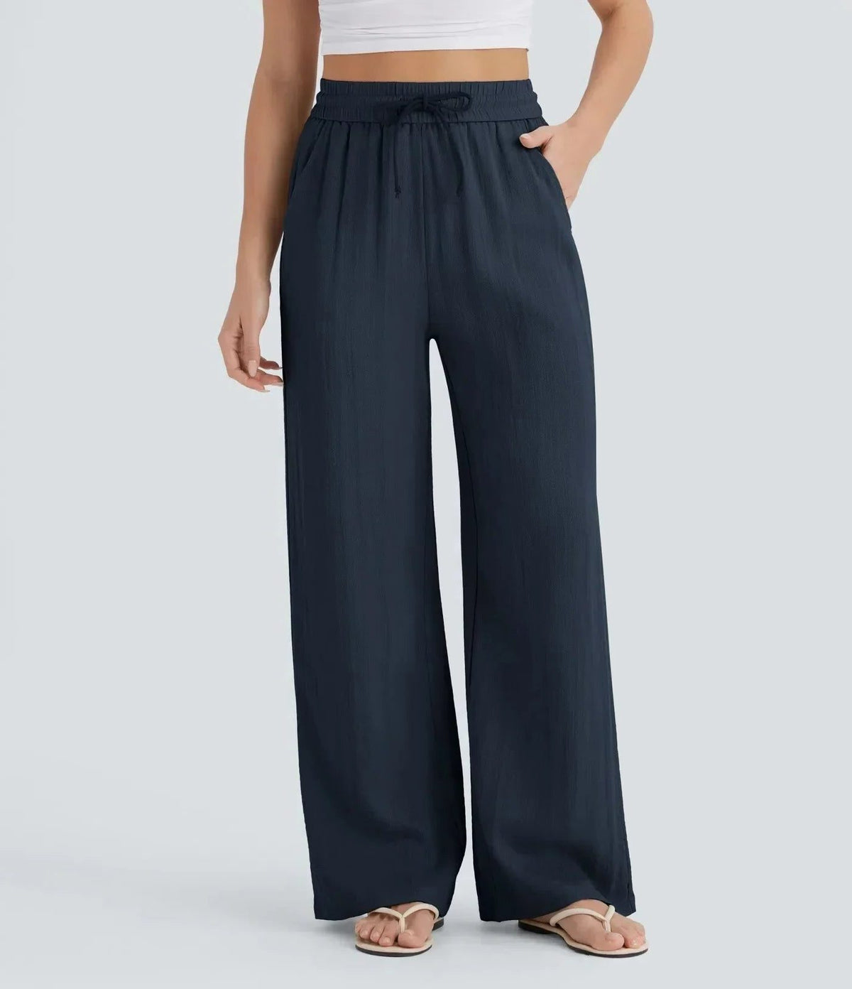 High-Rise Wide Leg Linen Trousers for Women - Navy Blue