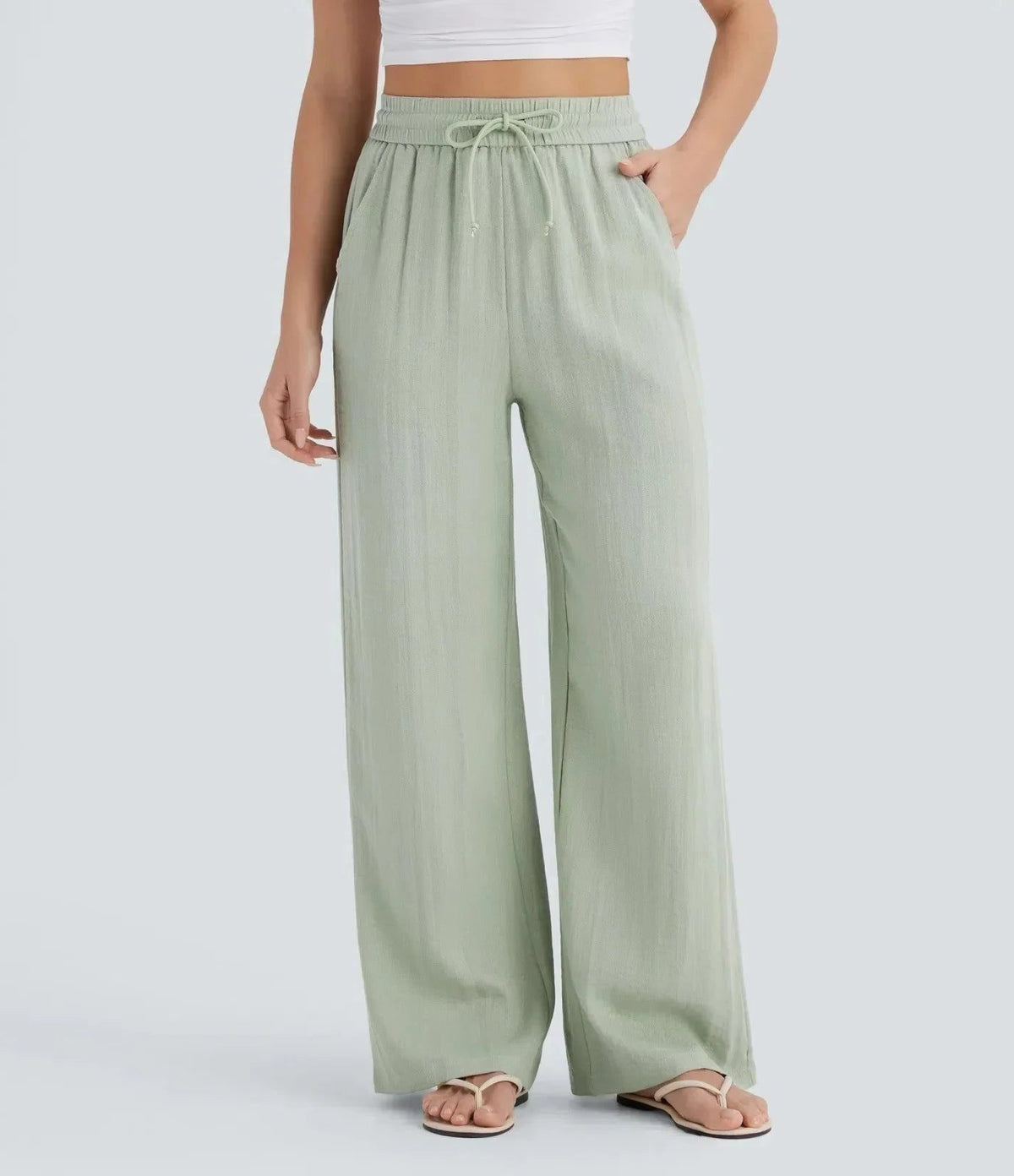 High-Rise Wide Leg Linen Trousers for Women - Light Green