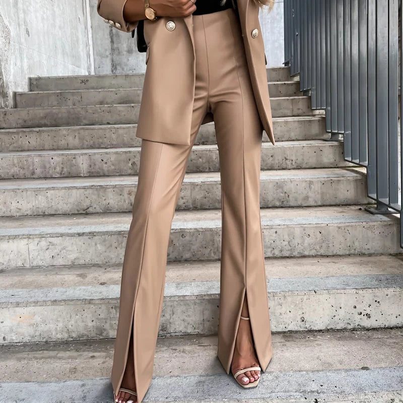High Waist Faux Leather Flare Trousers for Women - 01 Khaki
