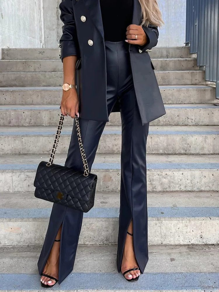High Waist Faux Leather Flare Trousers for Women