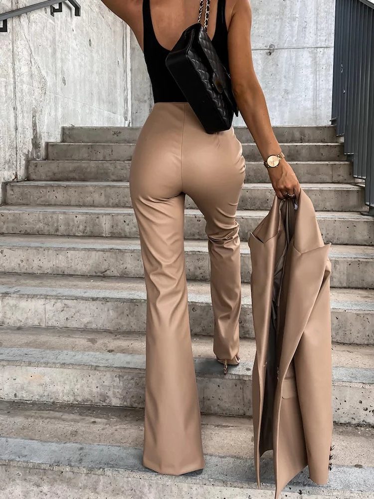 High Waist Faux Leather Flare Trousers for Women - View 6