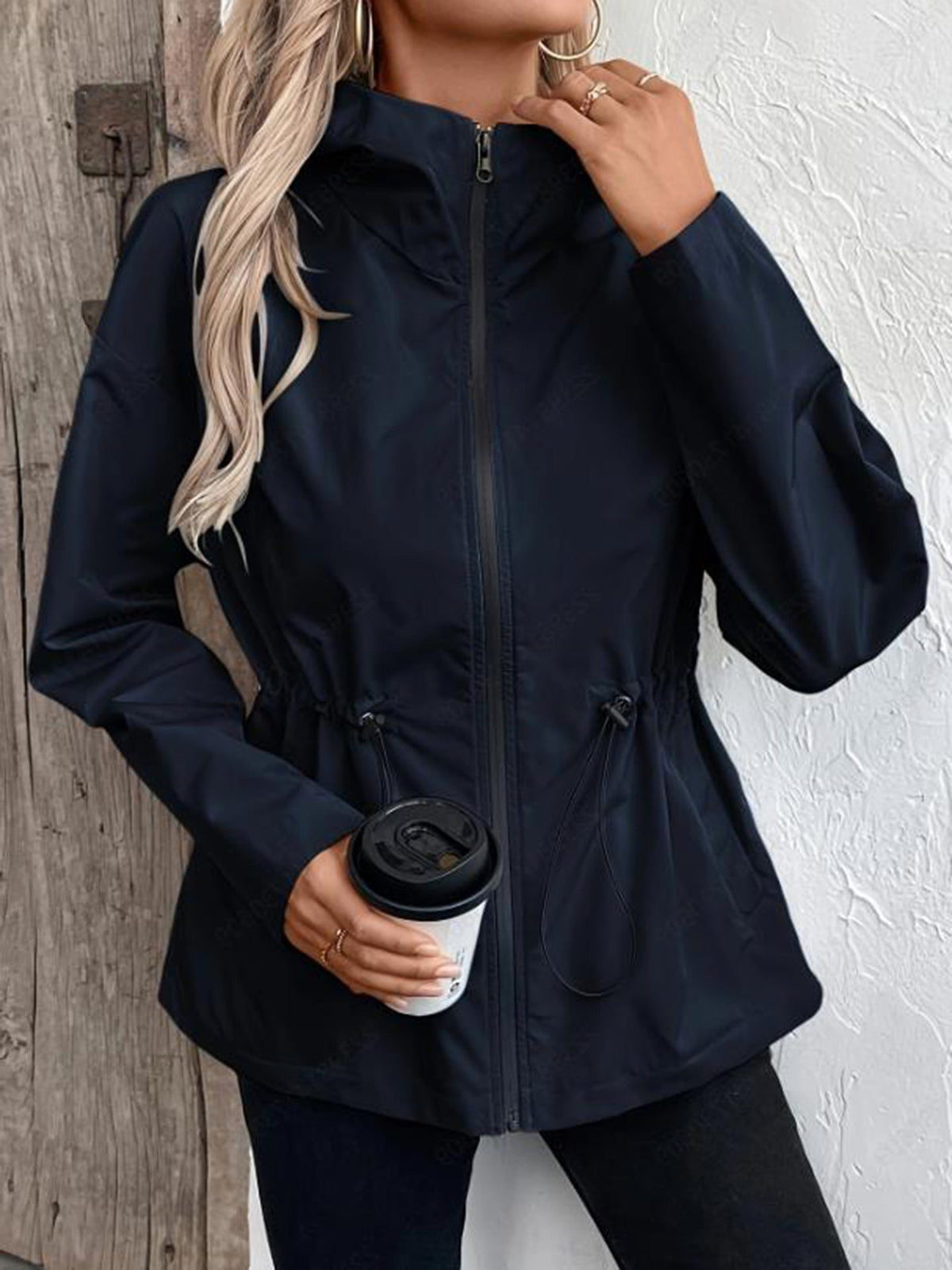 Hooded Adjustable Waist Raincoat for Women - Dunkelblau