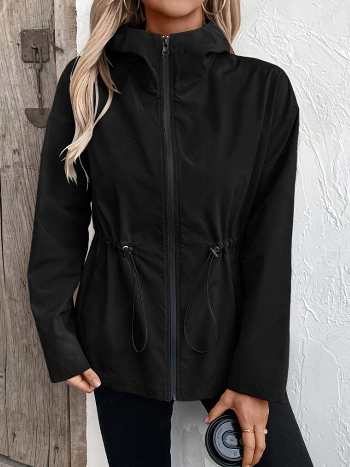 Hooded Adjustable Waist Raincoat for Women - Schwarz