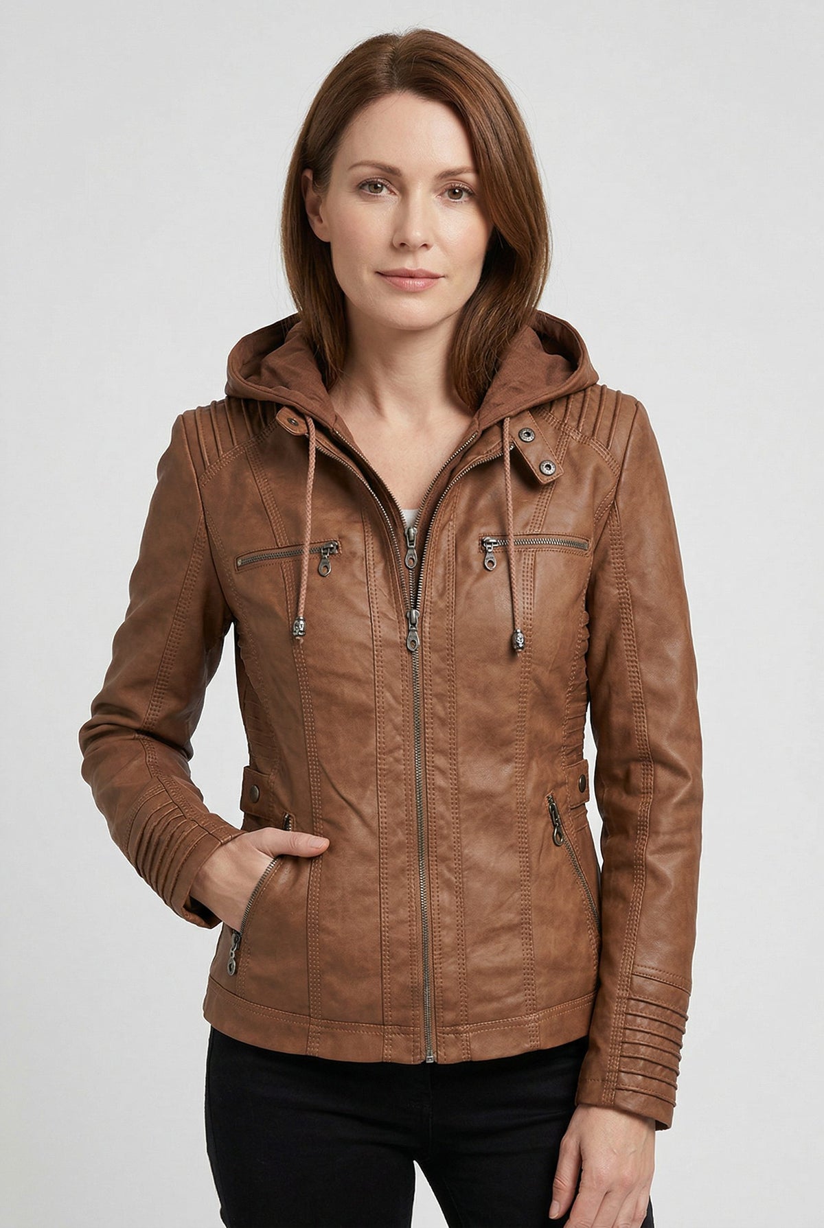 Hooded Leather Look Zip-Up Jacket for Women