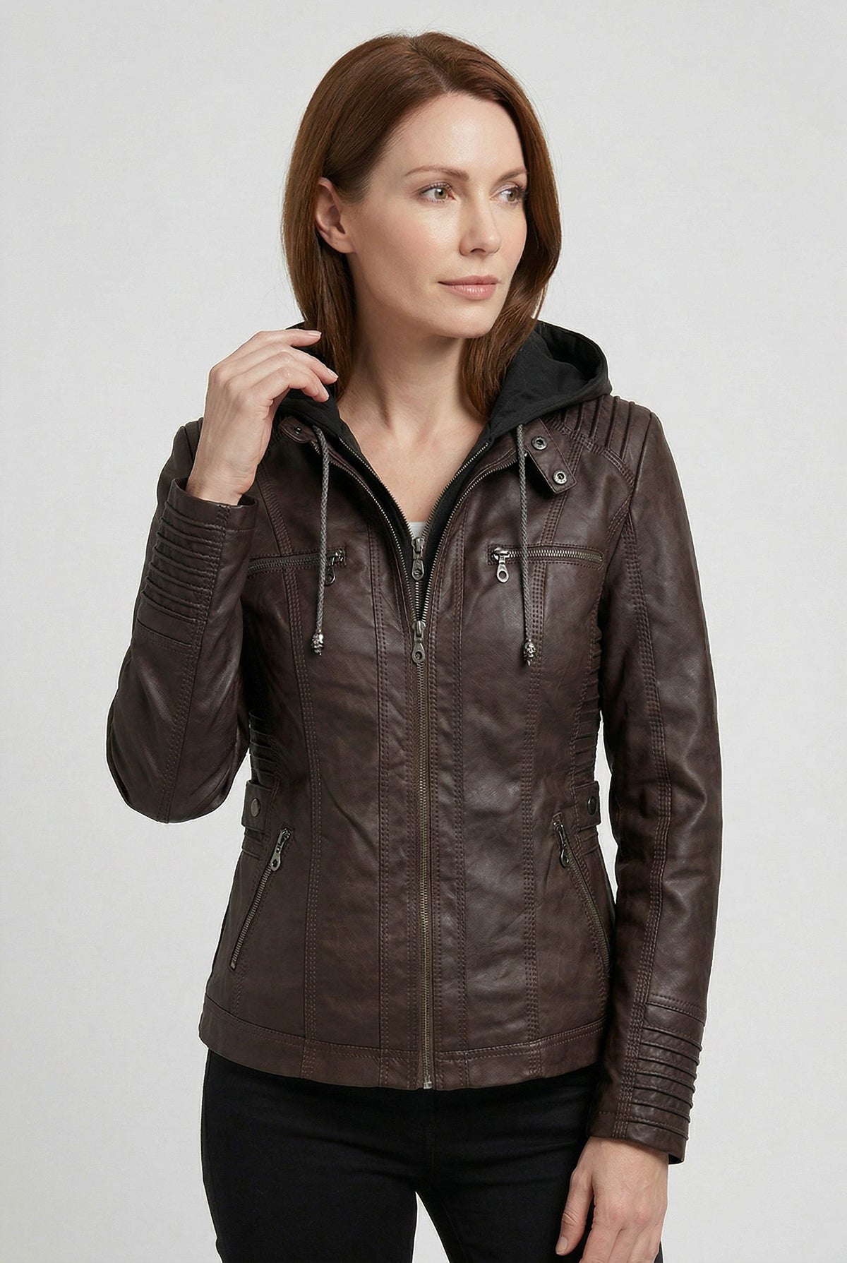 Hooded Leather Look Zip-Up Jacket for Women - Brown