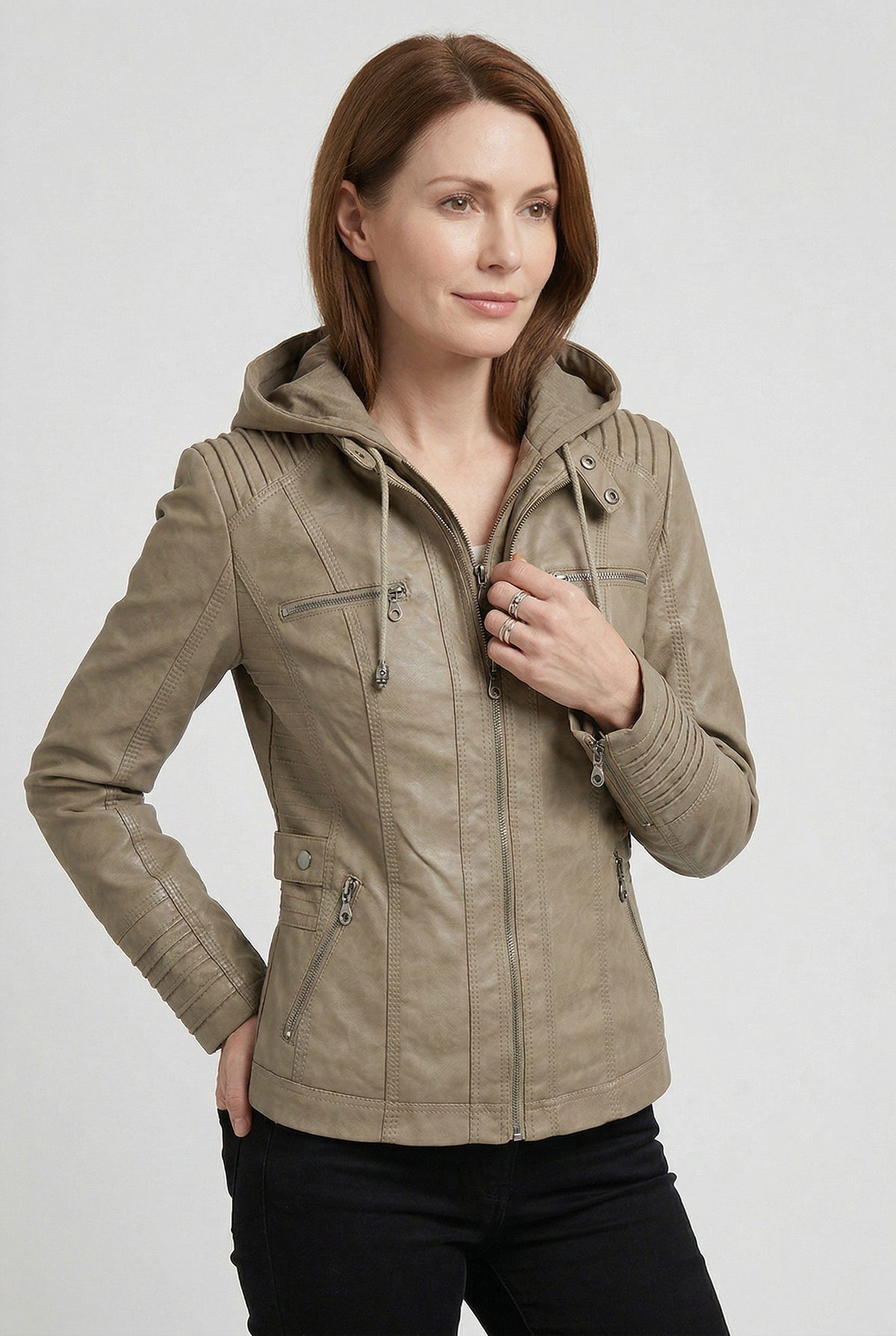 Hooded Leather Look Zip-Up Jacket for Women - Beige