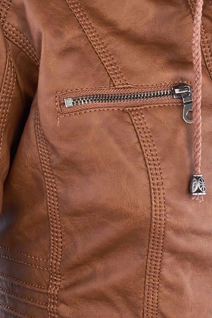 Hooded Leather Look Zip-Up Jacket for Women - View 3