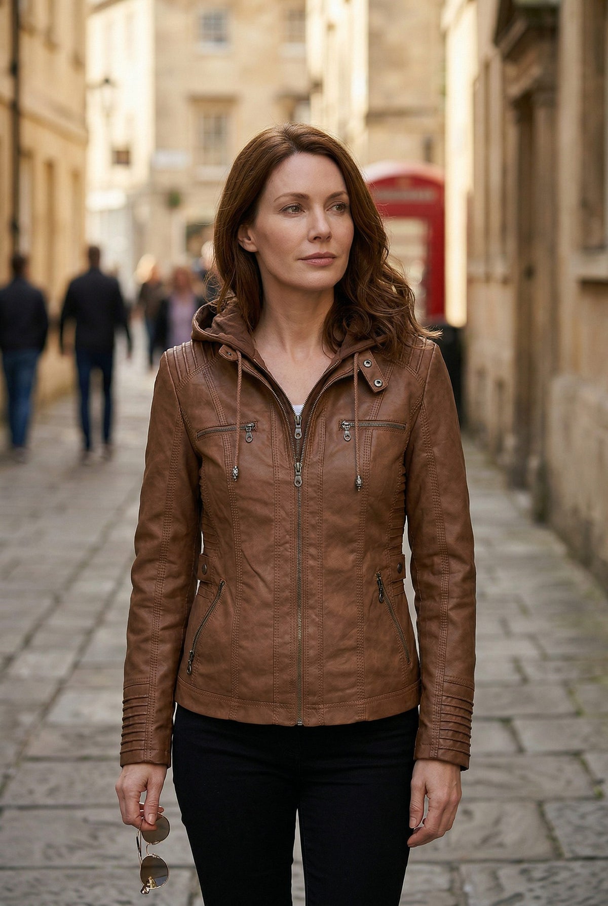 Hooded Leather Look Zip-Up Jacket for Women - View 6