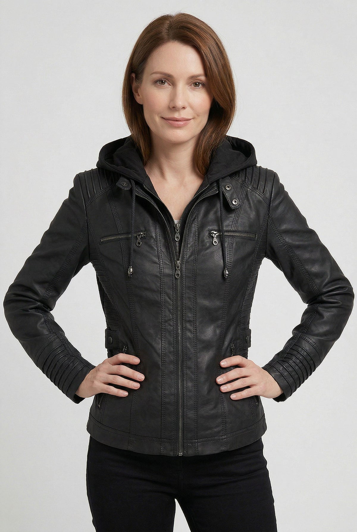 Hooded Leather Look Zip-Up Jacket for Women - Black