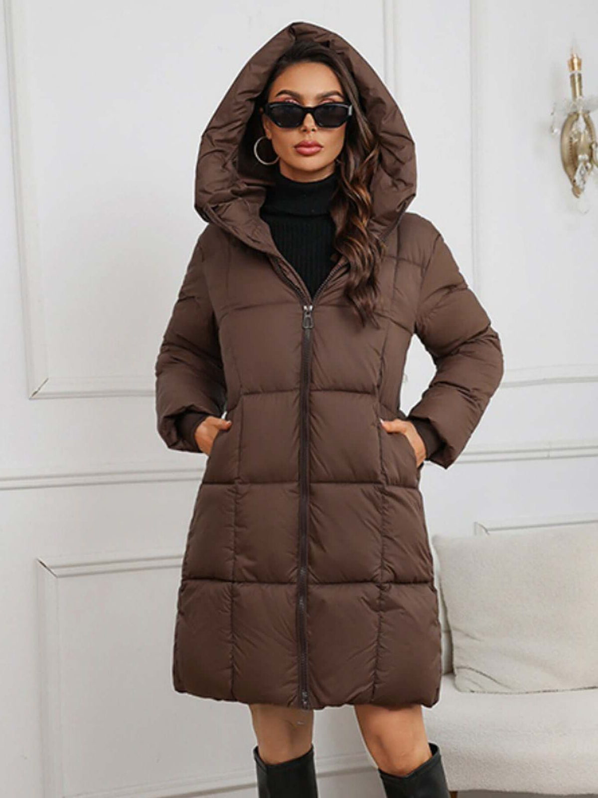 Hooded Long Puffer Coat for Women - Brown
