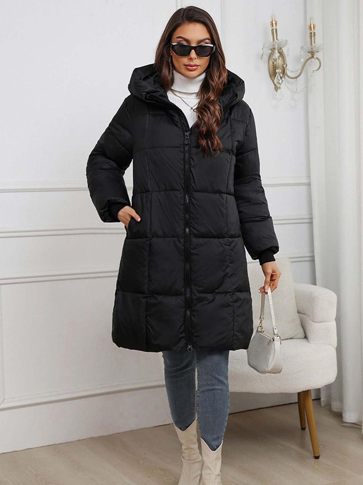 Hooded Long Puffer Coat for Women - Black
