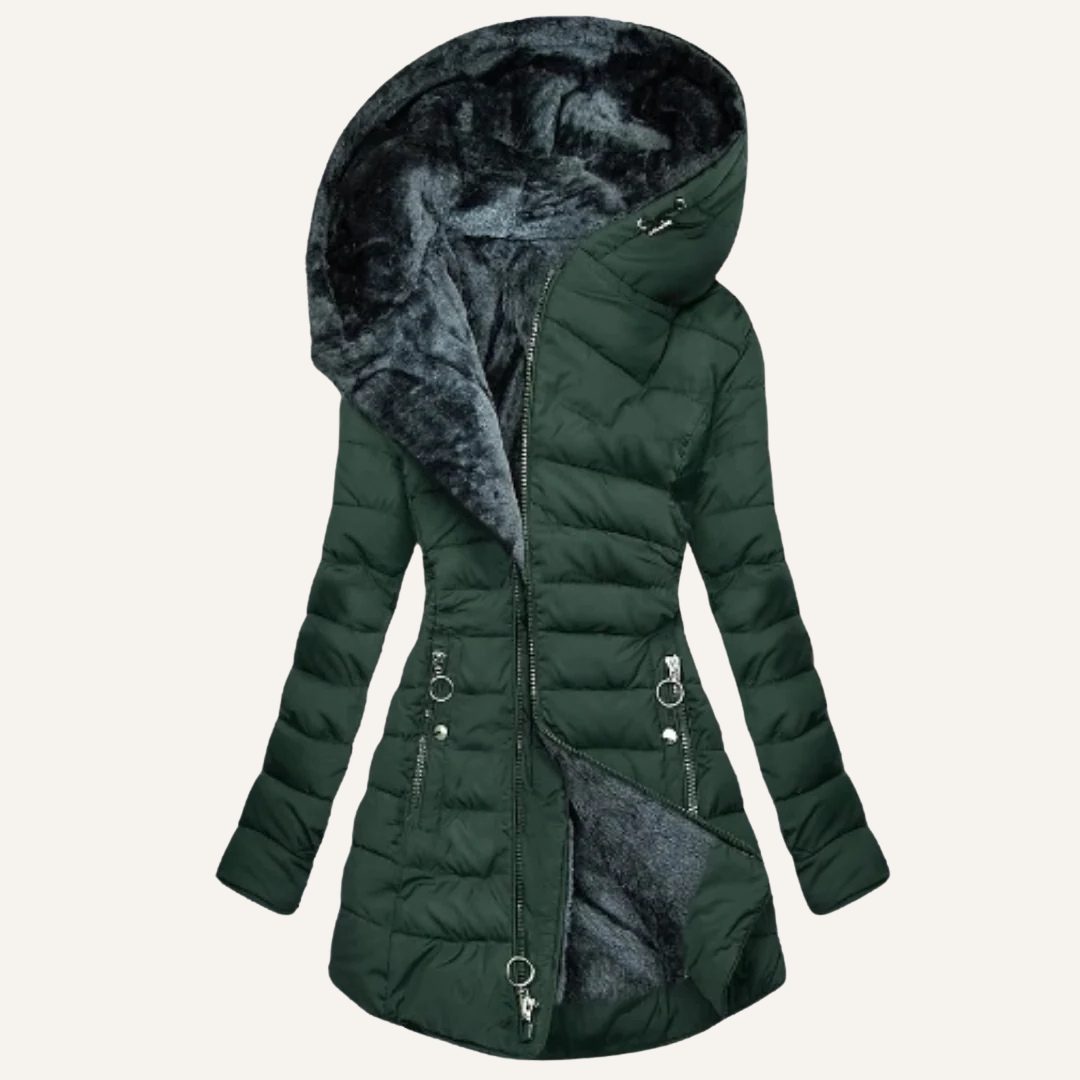 Hooded Long Puffer Coat with Faux Fur Lining for Women - Green