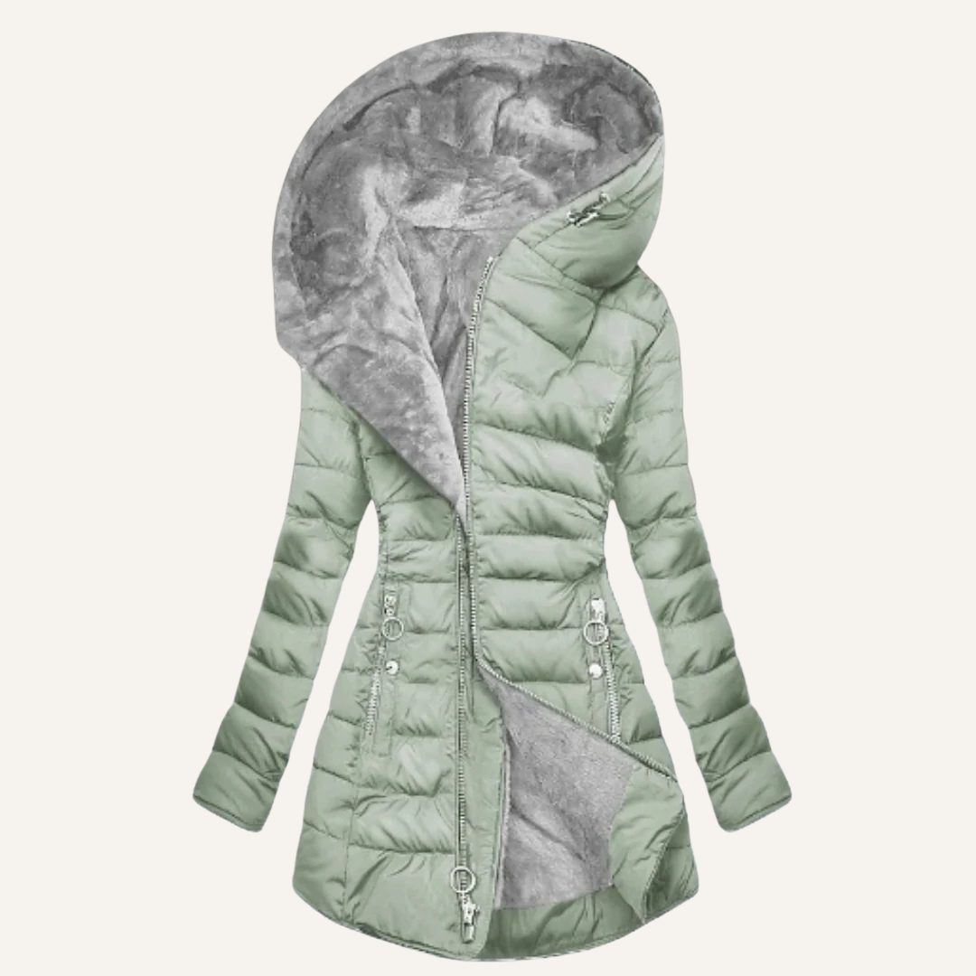 Hooded Long Puffer Coat with Faux Fur Lining for Women - Olive Green