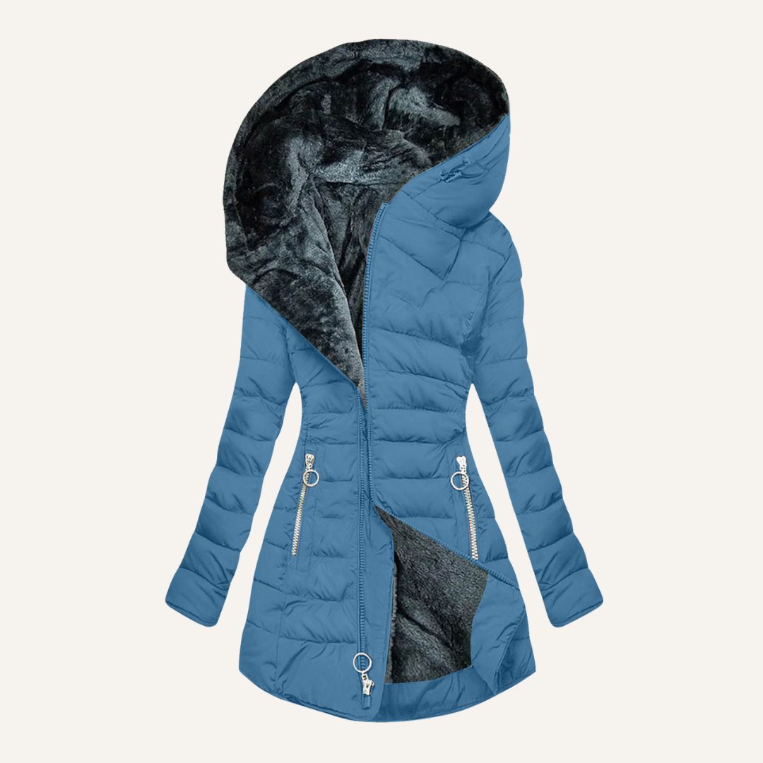 Hooded Long Puffer Coat with Faux Fur Lining for Women - Blue