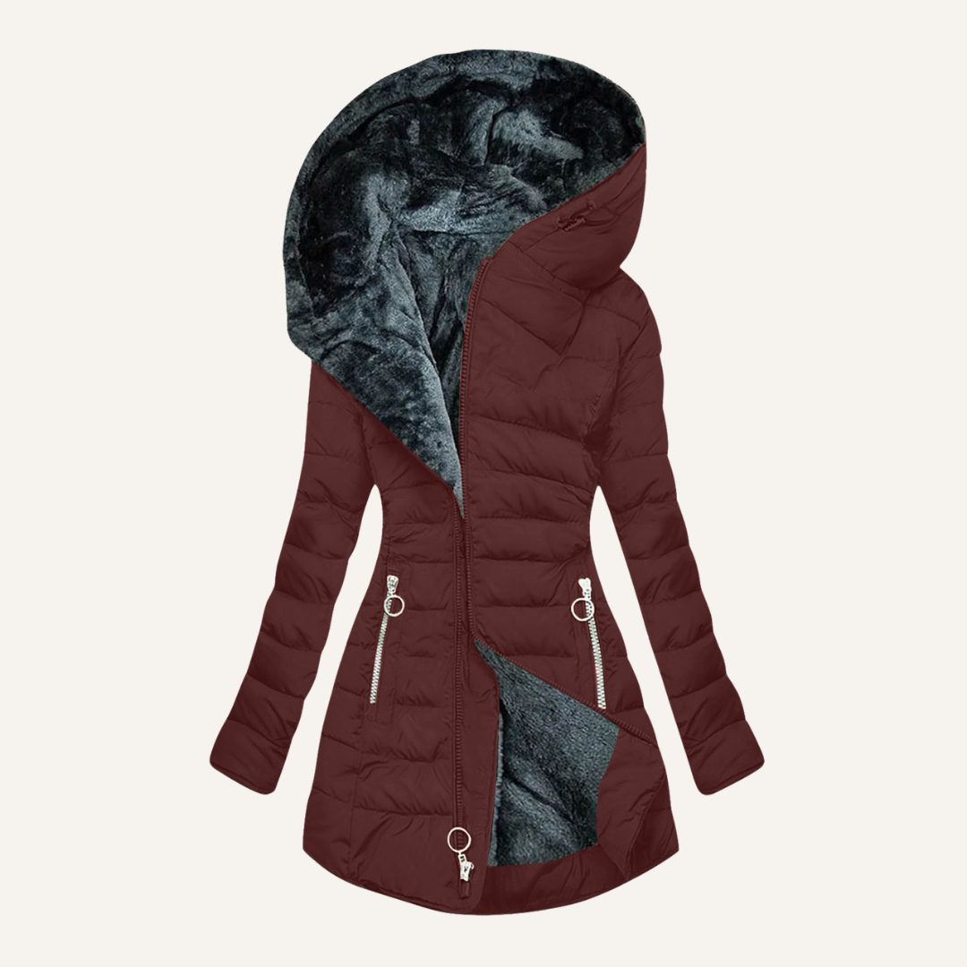 Hooded Long Puffer Coat with Faux Fur Lining for Women - Red