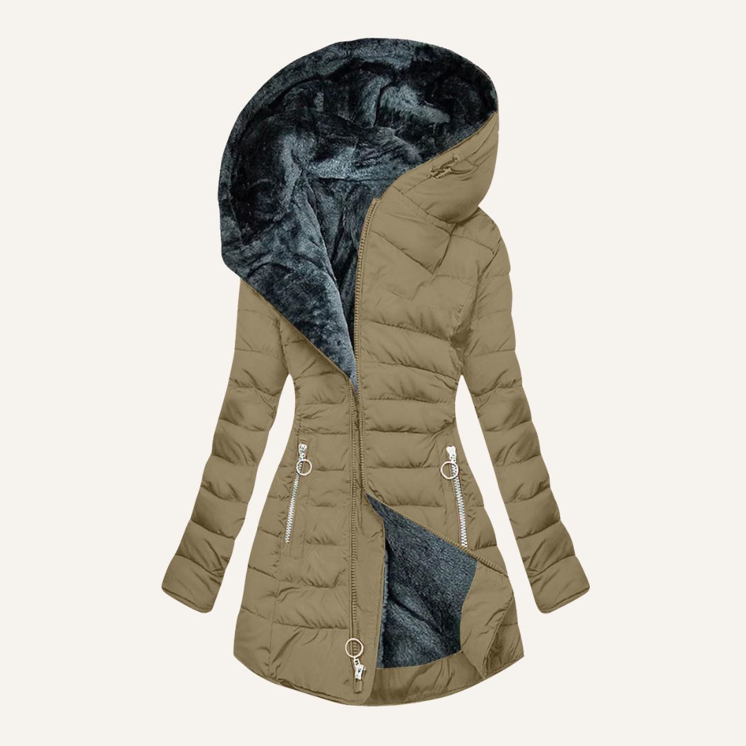 Hooded Long Puffer Coat with Faux Fur Lining for Women - Khaki