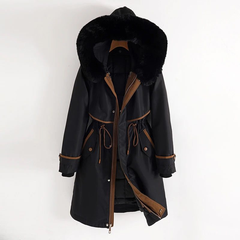 Hooded Longline Puffer Coat for Women - Schwarz