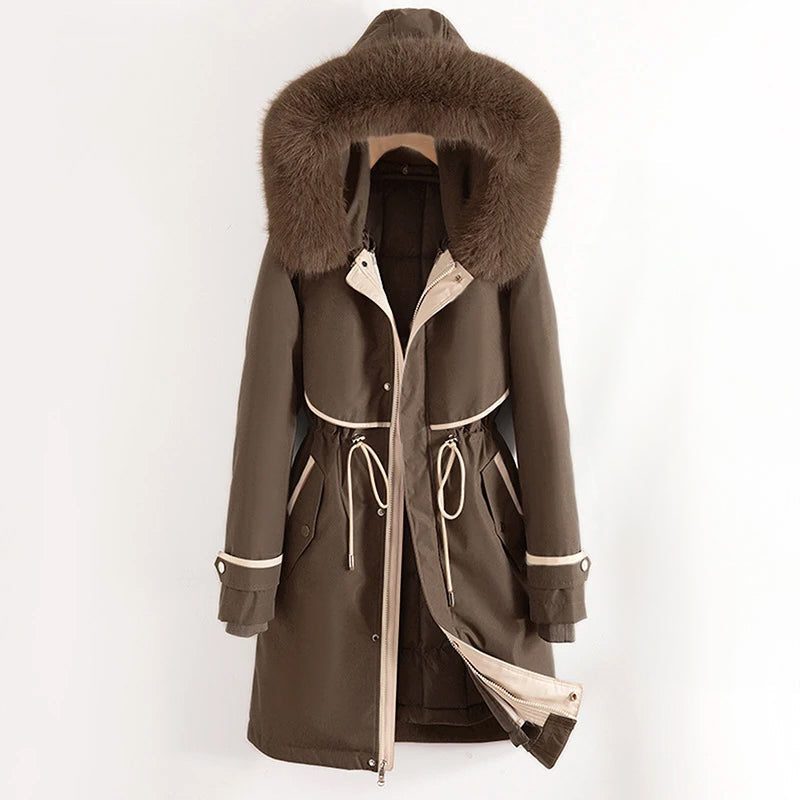 Hooded Longline Puffer Coat for Women - Braun