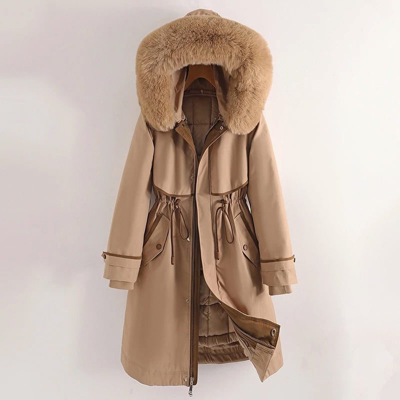 Hooded Longline Puffer Coat for Women - Khaki