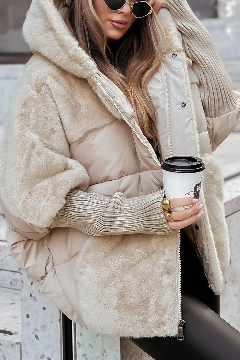 Hooded Longline Puffer Coat for Women - Beige