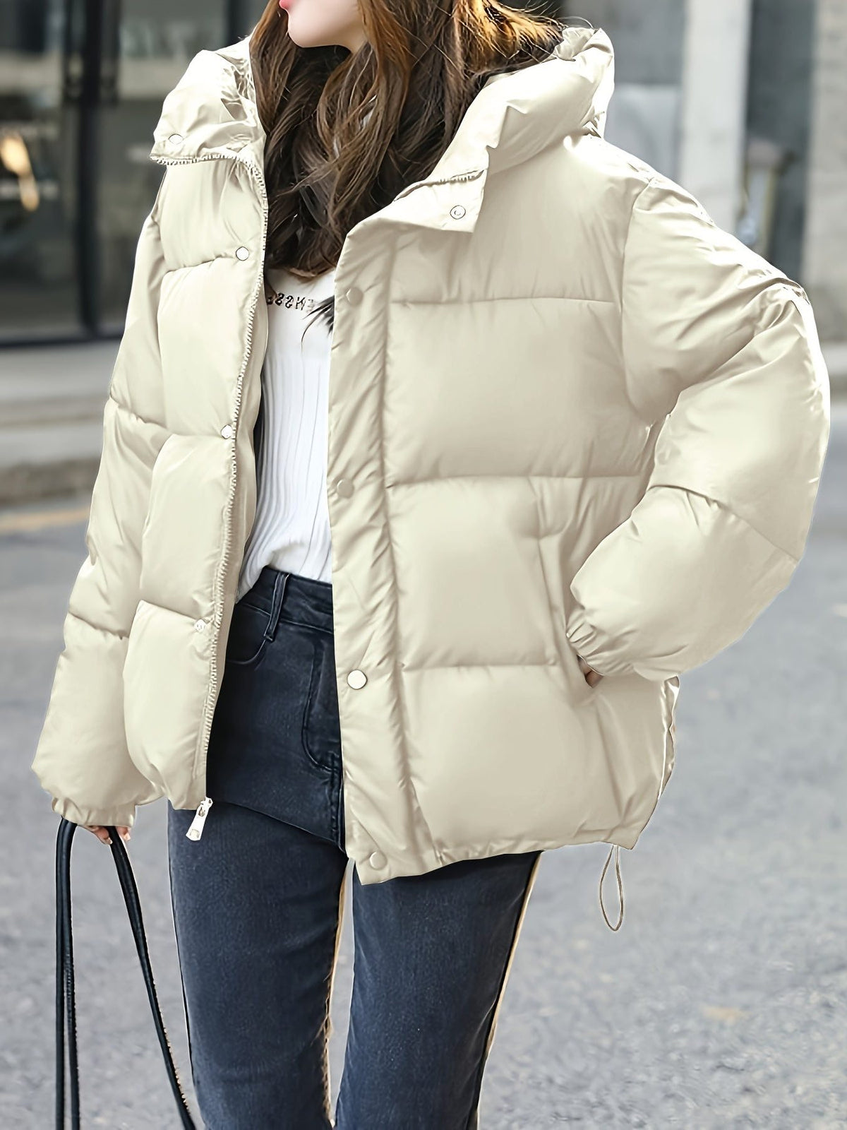 Hooded Longline Puffer Jacket for Women - Beige