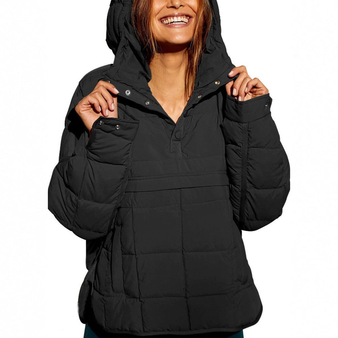 Hooded Longline Puffer Jacket with Welt Pockets for Women