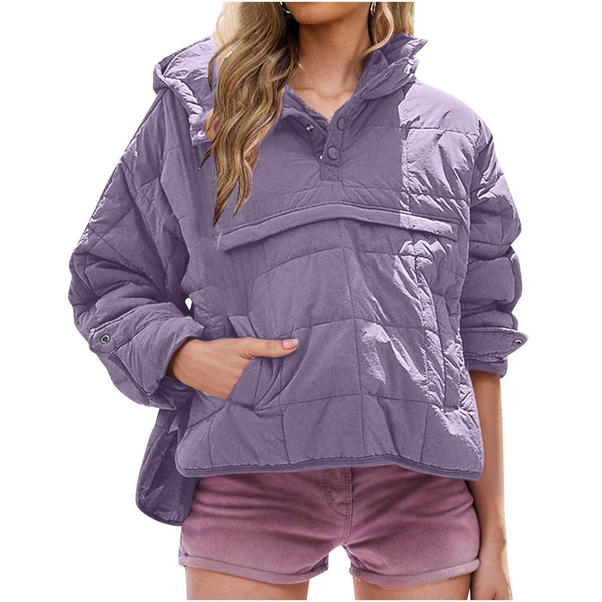 Hooded Longline Puffer Jacket with Welt Pockets for Women - Lila