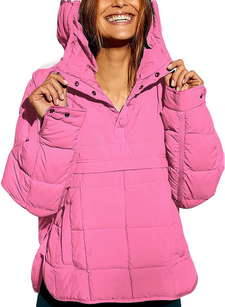 Hooded Longline Puffer Jacket with Welt Pockets for Women - Neonpink
