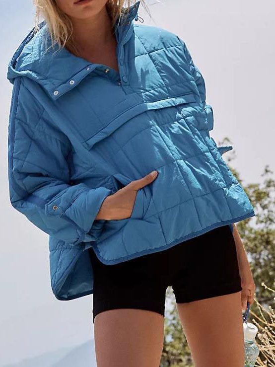 Hooded Longline Puffer Jacket with Welt Pockets for Women - Blau