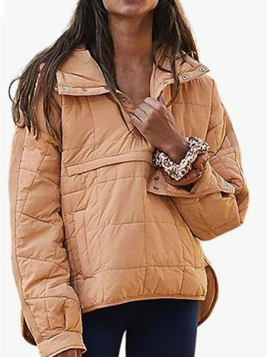 Hooded Longline Puffer Jacket with Welt Pockets for Women - Hellbraun