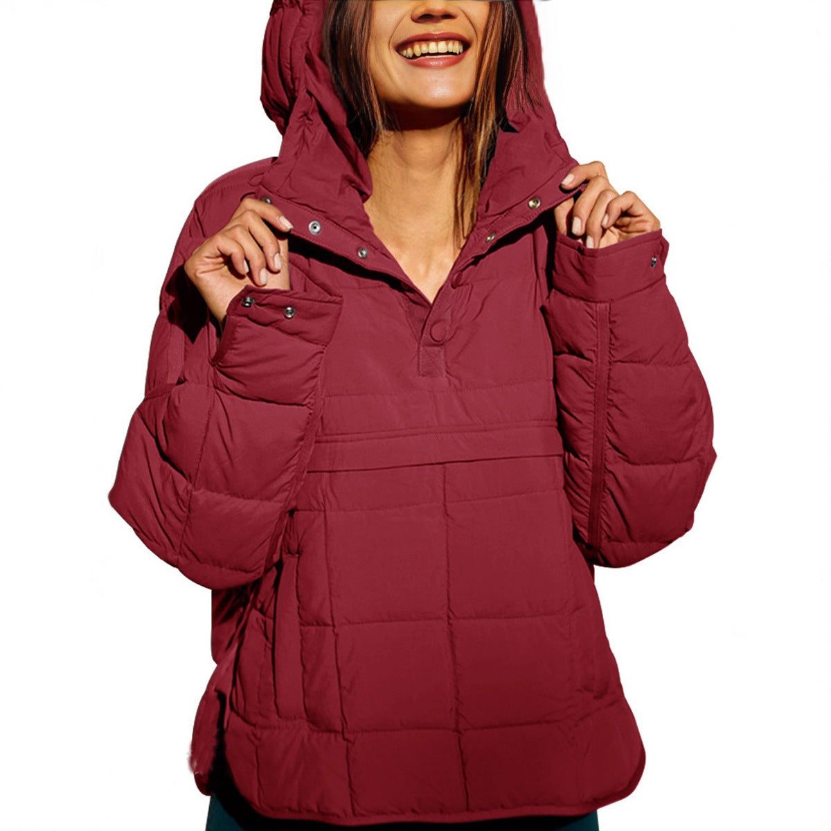 Hooded Longline Puffer Jacket with Welt Pockets for Women - View 2
