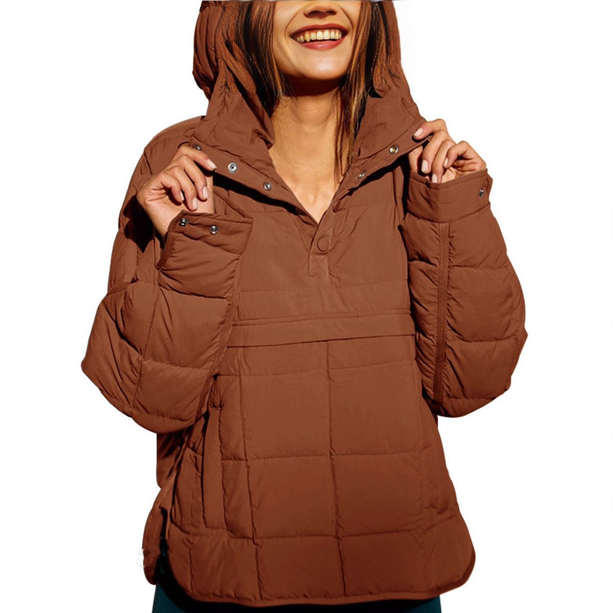 Hooded Longline Puffer Jacket with Welt Pockets for Women - View 3