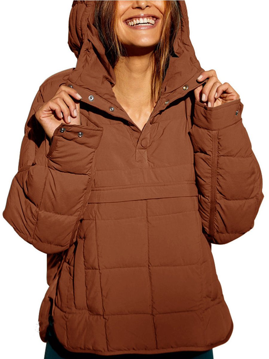 Hooded Longline Puffer Jacket with Welt Pockets for Women - Weinrot